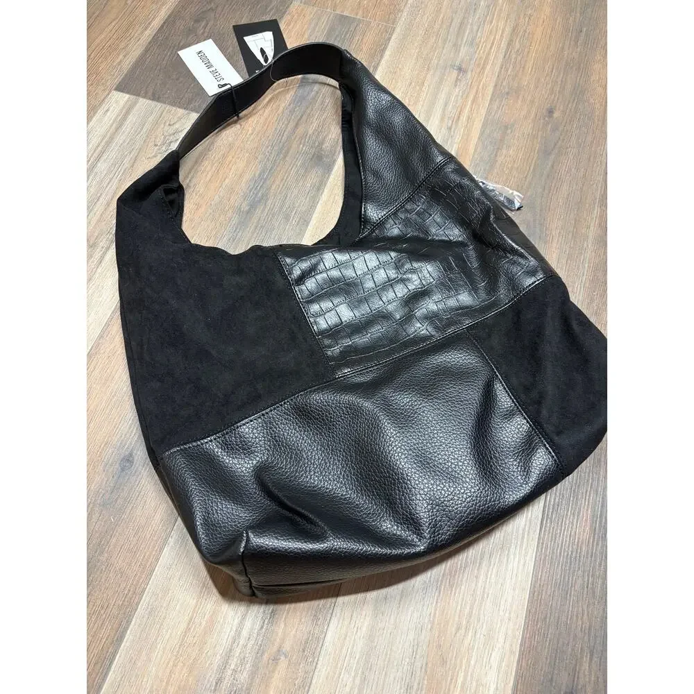 Steve Madden BCarey Hobo Bag Black Multi Faux Suede Patchwork